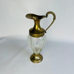 Vintage Brass Heavy Glass Pitcher Decanter 11 1/4”
